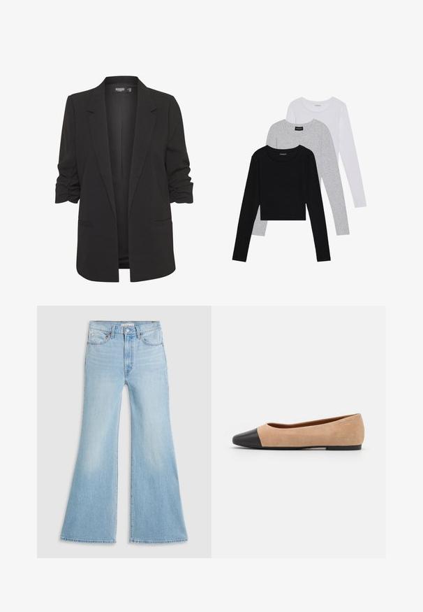 Mustern mustaga žaketi, millel on üles keritud varrukad, valmistatud siledast kangast. Omab liibuvaid vorme, ühe nupuga esiosa ja kahte küljetaskut.; Kolm pikkade varrukatega toppi, mis on üksteise peale asetatud: must, hall ja valge. Igal ühel on ümar kaelus ja lühike disain, valmistatud siledast, kergekaalulisest kangast.; Heledad sinine, madalam eiiga ja puuvillast valmistatud flared teksad. Omab klassikalist viie tasku disaini ja toore äärega varrukates.; Beežist nubukist balletkingad musta nahast ümara ninaotsaga, madala kanna ja siledaga, millel on minimaalne õmblus ja lihtne disain.