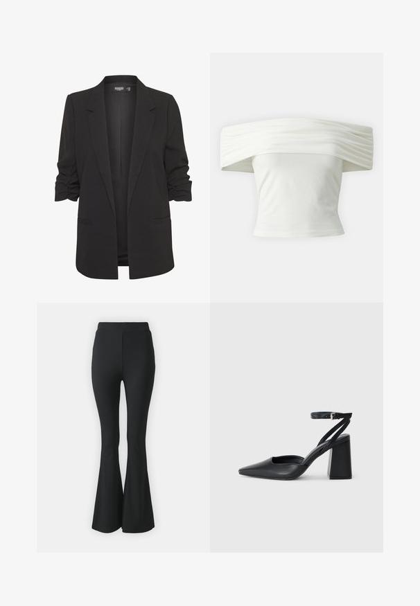 Crni sako s podvrnutim rukavima, izrađen od glatkog materijala. Ima prilagođeni oblik, s jednim dugmetom sprijeda i dva bočna džepa.; Bijela majica s nedovoljno ramena s nabranim, strukturiranim izrezom i uskim tijelom. Izrađena od mekanog materijala s glatkom teksturom.; Crne traperice sa širokim nogavicama izrađene od rastezljivog materijala. Imaju visok struk i glatki, prilagođeni dizajn koji se širi od koljena prema dolje.; Crne kožne cipele s špicastim vrhom, remenom oko gležnja i debelim potplatom. Ravna tekstura, elegantan dizajn i minimalistička estetika.