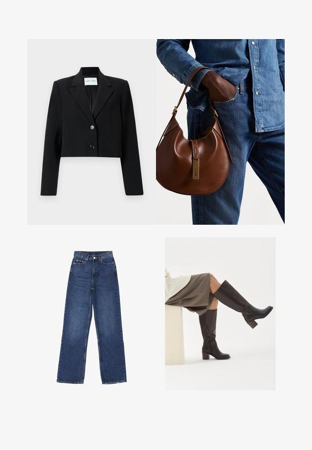 Cropped black blazer made of smooth fabric. Features a notched collar, single button closure, and long sleeves. Minimalist design.; Polo Ralph Lauren CABLE-KNIT WOOL-CASHMERE CARDIGAN - Cardigan - authentic cream; Two sleeveless ribbed turtleneck tops in brown and black, displayed on a plain white background.; Wide-leg blue denim jeans with a high waist, featuring a button closure, five pockets, and subtle fading on the fabric.; Brown leather knee-high boots with a square toe, chunky heel, and side zipper. Smooth texture with a polished finish.; Brown leather hobo bag with a rounded shape, featuring a gold hardware accent and contrast stitching. Paired with a denim shirt and jeans.