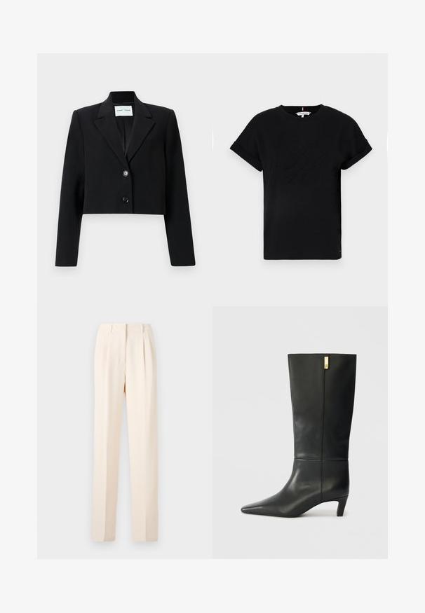 Veste noire raccourcie en tissu lisse. Dotée d'un col à revers, d'une fermeture à bouton unique et de manches longues. Design minimaliste.; T-shirt en coton noir avec des manches courtes roulées, ornée d'un logo en relief au centre et d'un petit accent drapeau sur le côté.; Pantalons beige sur mesure avec plis, présentant une coupe droite et une texture lisse. La taille est épurée sans matériel visible.; Botte noire en cuir, montant jusqu'au genou, avec un bout pointu et un petit talon. Design épuré avec un détail en accent doré. Texture lisse.