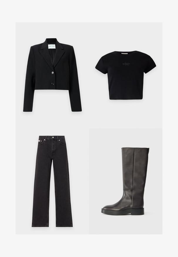 Cropped black blazer made of smooth fabric. Features a notched collar, single button closure, and long sleeves. Minimalist design.; Black ribbed short-sleeve crop top made of soft material, featuring a subtle Calvin Klein logo in the center. Simple, classic design.; Black wide-leg jeans made of denim, featuring a high-rise waist, five-pocket styling, and a metal button closure with contrasting stitching.; Black knee-high leather boot with thick sole and subtle Calvin Klein logo near the top edge, shown from the side.