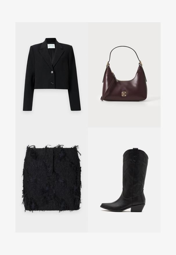 Apsirptas juodas švarkas, pagamintas iš lygaus audinio. Turi įpjautą apykaklę, vieną sagą ir ilgus rankovės. Minimalistinio dizaino.; Duos bežinių megztų be rankovių turndekų, vienas rudas, kitas juodas, pristatyti ant balto fono.; Juodas tekstūruotas sijonas su sluoksniuota puošyba ir šiek tiek nelygiu apdaila, pagamintas iš lengvos medžiagos.; Juodų odinių kaubojiškų batų su smailiu pirštu, žemu storu kulnu ir sudėtingu išgaubto lapo raštu ant ašies. Viršuje yra kilpa, kad būtų patogu užsidėti.; Bordo odinė rankinė su išlenkta forma, aukso akcentai ant detalių ir užtrauktukas. Yra nuimama petneša.