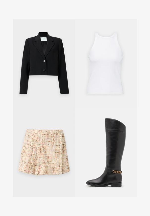 Geknipte zwarte blazer van gladde stof. Voorzien van een getailleerde kraag, sluiting met één knoop en lange mouwen. Minimalistisch ontwerp.; Witte mouwloze tanktop van ribstof, met een ronde halslijn en een aansluitende pasvorm, met minimale naden en zonder versieringen.; Korte, geplooide rok van gestructureerde stof in neutrale tinten met subtiele kleurvlekken. Gevuld met een franjerand aan de zijkant.; Hoge zwarte leren laarzen met een slank ontwerp, spitse neus en een gouden kettingaccent bij de enkel. Lage blokhak. Glad textuur.