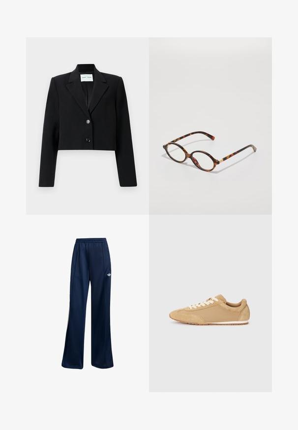Giacca nera accorciata in tessuto liscio. Presenta un colletto a punta, chiusura con un singolo bottone e maniche lunghe. Design minimalista.; T-shirt bianca a maniche corte e scollo rotondo con vestibilità slim, esposta piatta su uno sfondo bianco.; Pantaloni sportivi blu navy realizzati in tessuto morbido, con elastico in vita e dettaglio del logo bianco sul fianco sinistro. Design a gamba dritta.; Sneaker marrone chiaro realizzato in suede e tessuto, con punta arrotondata, lacci bianchi e suola in gomma con finitura testurizzata.; Occhiali da vista in tartaruga con montatura ovale, lenti trasparenti e dettagli dorati. Presentano tempie curve e una finitura liscia e lucida.; Borsa in pelle beige intrecciata con una singola tracolla, caratterizzata da una forma rettangolare e una superficie testurizzata. Inclusi gli accessori per la regolazione della tracolla.