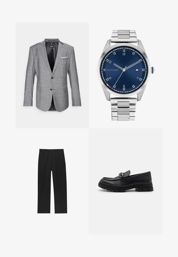 Grauer Blazer mit strukturierter Oberfläche, einreihigem Knopfverschluss und zwei Fronttaschen. Mit einem weißen Pocket Square Akzent und schwarzer Innenausstattung.; Set aus acht schwarzen Baumwoll-T-Shirts mit kurzen Ärmeln und Rundhalsausschnitten, die ein schlichtes Design und eine weiche Textur aufweisen.; Schwarze Hose mit geradem Schnitt, aus einem glatten Stoff gefertigt. Verfügt über Vorderfalten und einen einzelnen Knopfverschluss an der Taille.; Schwarzer Lederloafer mit runder Zehenform, einem dekorativen Riemen und Hardware sowie einer robusten, strukturierten Sohle. Glatte Oberfläche mit dezenten Details.; Silberne Metall-Uhr mit einem gebürsteten blauen Zifferblatt, weißen Stundenmarkierungen und einem Datumsanzeiger. Verfügt über ein verlinktes Metallarmband und ein Markenlogo.