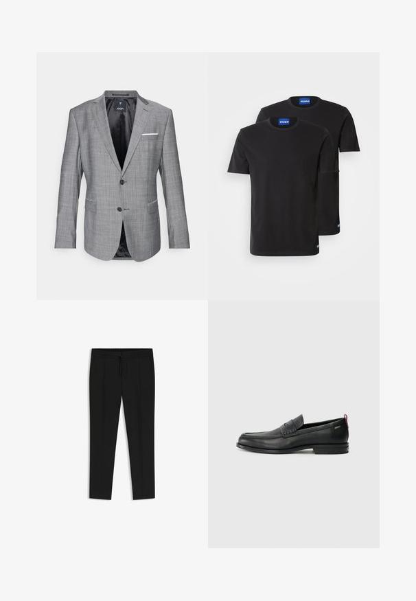 Blazer gris con un acabado texturizado, cierre de un botón y dos bolsillos delanteros. Presenta un acento de pañuelo blanco en el bolsillo y forro negro.; Dos camisetas de algodón negras con cuellos redondos, mangas cortas y etiquetas azules "HUGO" en los cuellos y los dobladillos laterales.; Pantalones negros con cintura ajustable, frente plisado, perneras estrechas y una textura de tejido suave. Sin patrones o detalles adicionales.; Mocasines de cuero negro con un panel frontal texturizado y laterales lisos. Presenta un tacón delgado y un lazo trasero para facilitar su uso. Diseño clásico.