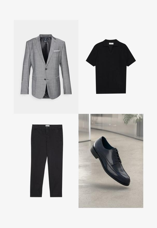 Grauer Blazer mit strukturierter Oberfläche, einreihigem Knopfverschluss und zwei Fronttaschen. Mit einem weißen Pocket Square Akzent und schwarzer Innenausstattung.; Schwarzes Kurzarm-Polohemd aus texturiertem, geripptem Stoff, mit einem V-Ausschnitt und geradem Saum. Keine sichtbaren Logos oder Muster.; Schwarze Baumwollhose im Slim-Fit-Stil mit zwei seitlichen Taschen und einem vorderen Knopfverschluss. Strukturierter Stoff mit subtilen Details.; Glänzender schwarzer Leder-Dressschuh mit Schnürsenkeln, schwebend über einem glatten, hellgrauen Boden und vertikalen Metallstäben im Hintergrund.
