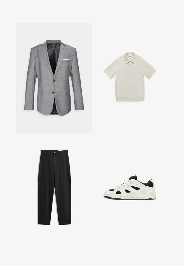 Blazer grigio con finitura testurizzata, chiusura a un bottone e due tasche frontali. Presenta un'accento di fazzoletto bianco e rivestimento nero.; Mango Polo - grey; Pantaloni in cotone neri con una vestibilità rilassata, dotati di una vita classica, pieghe frontali e tasche laterali. Tessuto liscio senza fantasie.; Scarpe da ginnastica bianche e nere con suola testurizzata, caratterizzate da intagli sui lati e lacci, e una schiena imbottita per il supporto.