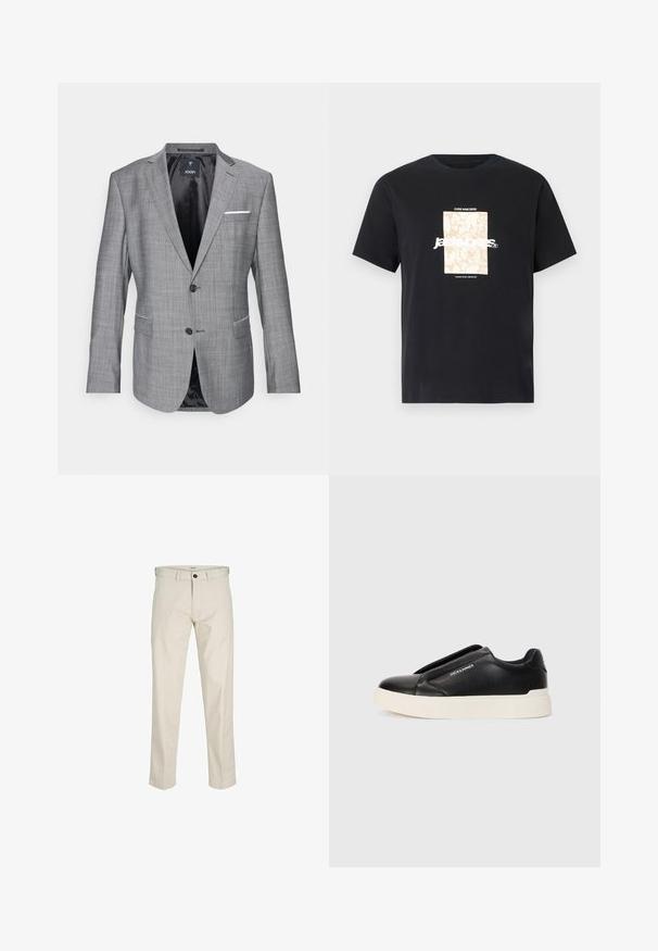 Grijze blazer met een gestructureerde afwerking, enkele knoopsluiting en twee voorkruiszakken. Kenmerkt zich door een witte pochette accent en zwarte voering.; Zwarte katoenen T-shirt met ronde hals. Kenmerkt een beige rechthoekige grafiek en witte tekst, "JAWO," gecentreerd op de voorkant. Korte mouwen.; Beige katoenen broeken met een rechte pasvorm, knoopsluiting, zijzakken en gestikte naden. Gladde textuur, minimale details en geen patronen.; Zwarte slip-on sneaker met een gestructureerde leren bovenkant, witte rubberen zool en geen zichtbare veters. Beschikt over het merkembleem aan de zijkant.