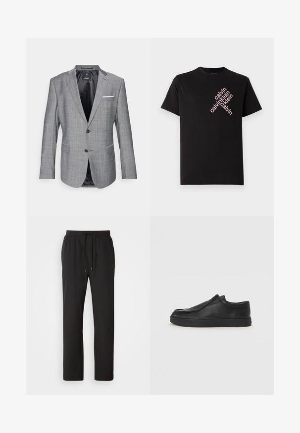 Hallhallane bleiser, millel on tekstuuriga viimistlus, ühe nupuga sulgemine ja kaks esikotit. Omab valget taskurätikut ning musta voodrit.; Must musta T-särk, millel on ettepoole kaldus roosa "calvin klein" logo trükk. Lühikesed varrukad ja ümar kaelus.; Mustad mustad spordipüksid, mis on valmistatud kergeks kangast, elastse vöökoha ja reguleeritavate nööridega ning küljetaskutega. Sile tekstuur.; Must na ostri varvastega musta nahast libisemisega king, millel on tikand ja must kummitald. Sile tekstuur ja minimalistik disain.