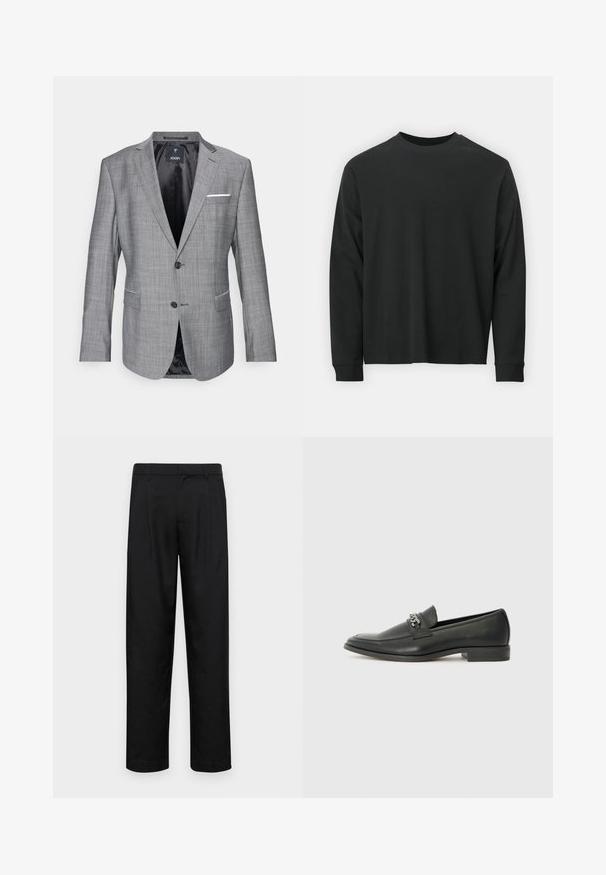 Sivina blazer z teksturirano površino, enojnim gumbom in dvema sprednjima žepoma. Ima dodatek bele robčke in črno podlogo.; Dolga majica iz črnega bombaža z dolgimi rokavi, okroglim izrezom in ohlapnim krojem ter rebrastimi manšetami. Gladka tekstura brez vidnih vzorcev.; Črne hlače iz gladkega materiala, s krojem ravne noge, dvema sprednjima pregiboma in standardnim pasom z zankami za pas.; Črni usnjeni loafer z gladko površino, ki ima šivano zasnovo in dekorativni kovinski verižni naglas preko vampirja. Ravno peto.