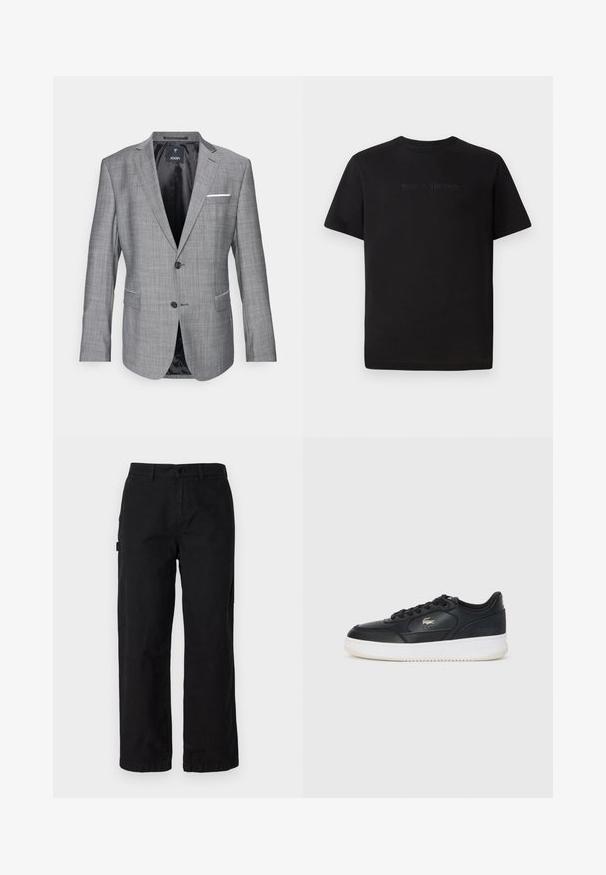 Šedý sak s textúrovaným povrchom, s jedným gombíkom na zapínanie a dvoma prednými vreckami. Obsahuje biely kapesník ako doplnok a čierne podšívka.; Lacoste Základné tričko - black; Čierne bavlnené cargo nohavice so strihom rovného nohavice, s bočnými vreckami a predným zapínaním na gombík. Odolná tkanina s hladkou textúrou.; Čierne kožené tenisky s bielou podrážkou, s okrúhlou špičkou, šnurovací dizajn a jemné logo na boku. Štruktúrovaný vrch.