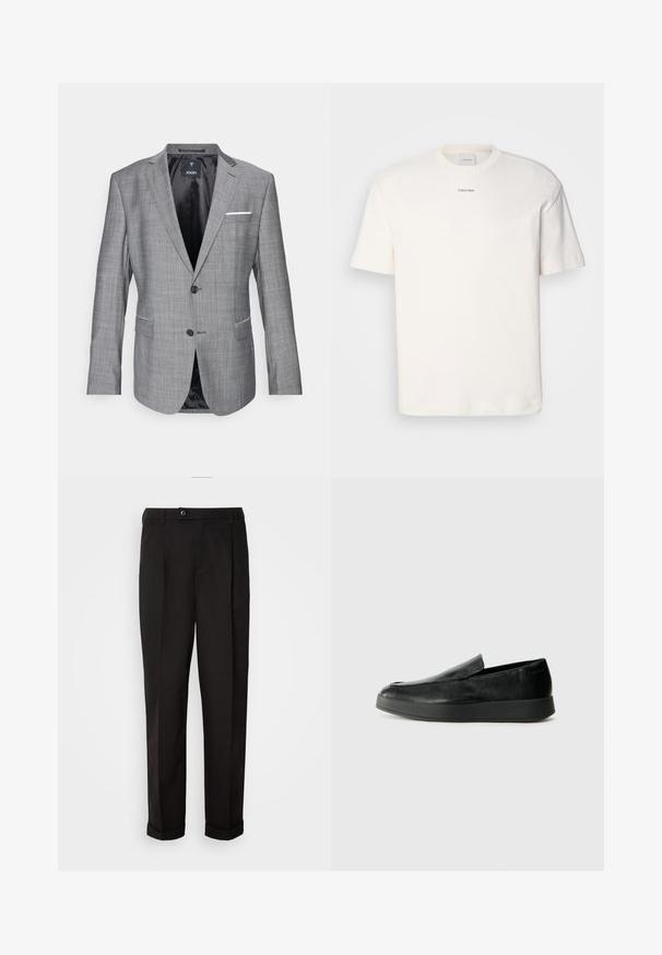 Šedý blazer s texturovaným povrchem, na jedno tlačítko, a s dvěma předními kapsami. Obsahuje bílou kapesníčkovou ozdobu a černou podšívku.; Bílá bavlněná tričko s kulatým výstřihem, krátkými rukávy a vyšitým logem "Calvin Klein" na prostředku hrudi. Jednoduchý design.; Černé kalhoty s hladkou texturou, rázovaného střihu, dvěma předními kapsami a jedním knoflíkovým zapínáním v pase.; Calvin Klein HYBRID CUP - Polobotky - triple black