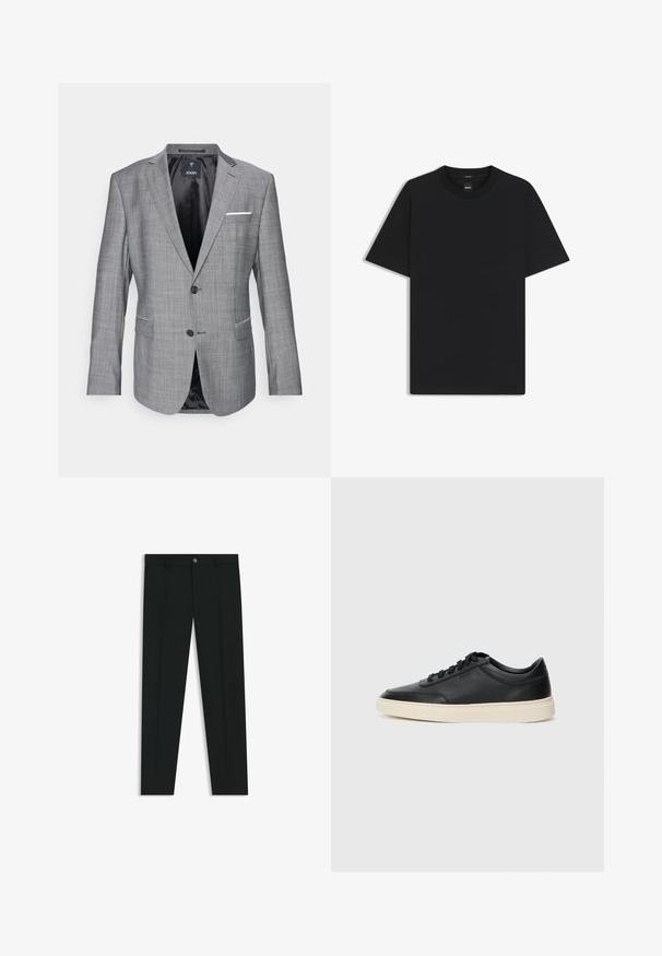 Blazer gris con un acabado texturizado, cierre de un botón y dos bolsillos delanteros. Presenta un acento de pañuelo blanco en el bolsillo y forro negro.; Camiseta negra de manga corta fabricada con una suave mezcla de algodón, que presenta un cuello redondo y un diseño minimalista sin patrones ni acentos.; Pantalones de vestir negros con un diseño de pierna recta, hechos de una tela suave. Cuentan con un cierre frontal de botón y lazos para cinturón. Liso, sin patrones.; Zapatilla negra de piel de caña baja con cordones negros y suela color crema, mostrada en perfil lateral sobre fondo blanco.