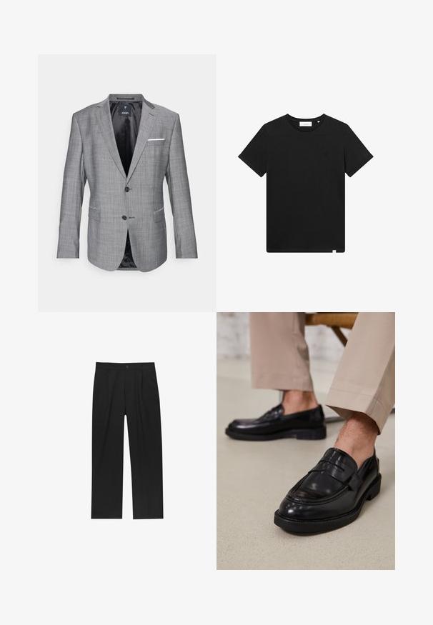 Sacou gri cu un finisaj texturat, închidere cu un singur nasture și două buzunare frontale. Dispune de un accent cu batista albă la buzunar și căptușeală neagră.; Tricou scurt cu mânecă, de culoare neagră, realizat din bumbac, cu guler tip crew și un mic logo brodat pe piept. Textură netedă, croială standard.; Pantaloni negri cu un design drept, fabricați dintr-un material neted. Au plisse în față și un sistem de închidere cu un singur buton la talie.; Loafers negre din piele cu o finisare netedă, având o curea decorativă și cusături contrastante, asortați cu pantaloni bej.