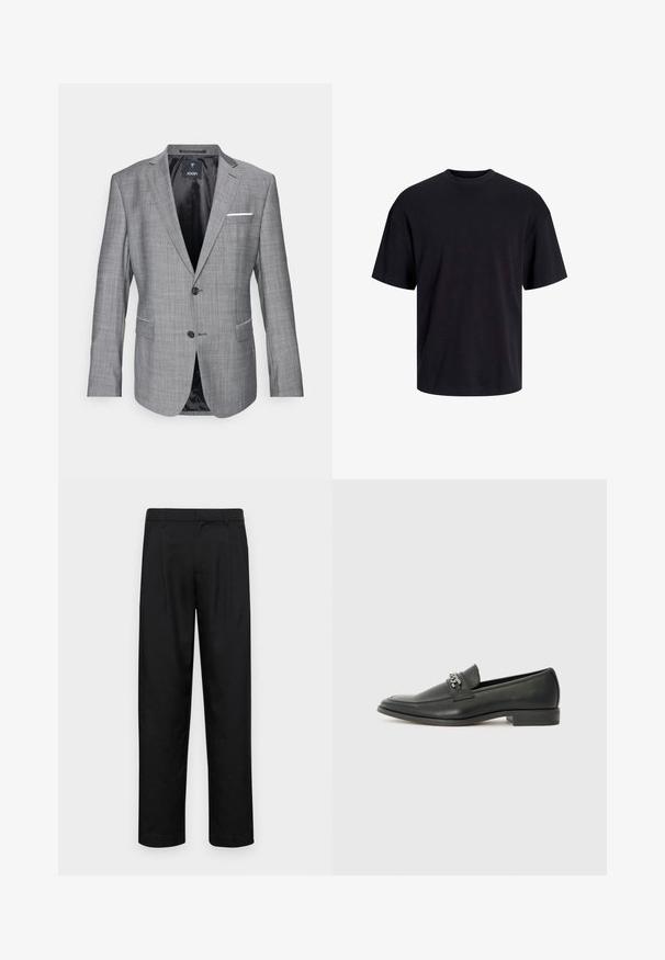 Grijze blazer met een gestructureerde afwerking, enkele knoopsluiting en twee voorkruiszakken. Kenmerkt zich door een witte pochette accent en zwarte voering.; Zwarte katoenen t-shirt met een ronde halslijn, korte mouwen en een relaxte pasvorm. Glad textuur en geen zichtbare patronen of accenten.; Zwarte broeken van gladde stof, met een recht model, twee voorknikken en een standaard tailleband met riemlussen.; Zwarte leren instapper met een gladde afwerking, voorzien van een gestikt ontwerp en een decoratieve metalen kettingaccent over de wreef. Platte hak.