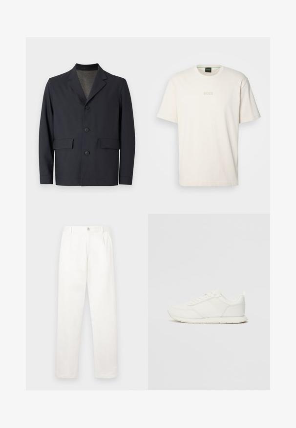 Sötét tengerészkék dzseki könnyű anyagból, amelynél bemélyített gallér, öt gombos elülső rész és két elülső zseb található sima textúrával.; BOSS TEE - Basic póló - open white; Fehér nadrág sima anyagból, egyenes lábbal, elülső pliszékkal és egy gombos záródással a derékon.; Fehér sneaker hálós és szintetikus felsőrésszel, kerek orral, lapos fűzőkkel és textúrázott oldalsávval. Gumi talp hátul húzófüllel.