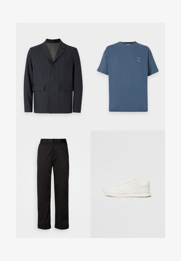 Dark navy jacket made of lightweight fabric, featuring a notched collar, five-button front, and two front pockets with a smooth texture.; Blue cotton t-shirt with a classic crew neck, short sleeves, relaxed fit, and two small printed logos on the chest. Smooth texture.; Black trousers made of smooth fabric, featuring a zip fly, button closure, and rolled cuffs for a casual design.; White sneaker with a mesh and synthetic upper, round toe, flat laces, and a textured side stripe. Rubber sole with a pull tab at the back.