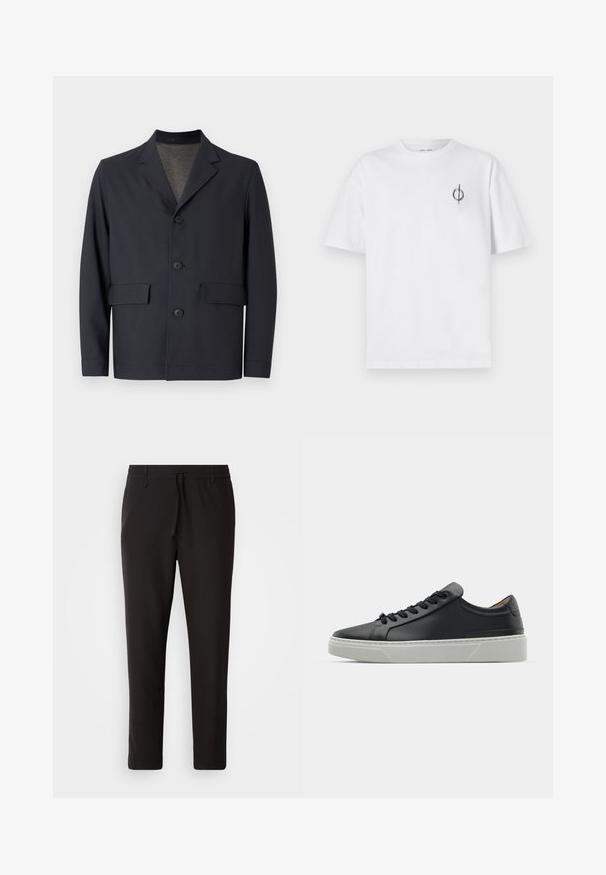 Temno modra jakna iz lahkega blaga, z izrezanim ovratnikom, petimi gumbi na sprednji strani in dvema sprednjima žepoma z gladko teksturo.; Bela bombažna majica s sproščenim krojem, ki ima majhen črn grafični logotip na levem prsnem delu. Kratke rokave, okrogel izrez.; Črne jogger hlače iz gladkega blaga. Imajo elastičen pas z vrvico, zožane hlačnice in brez vidnih žepov. Enostaven dizajn.; Črne usnjene teniske z gladko teksturo, okroglo konico in črnimi vezalkami. Imajo debel bel gumijast podplat s subtilnimi geometrijskimi poudarki.