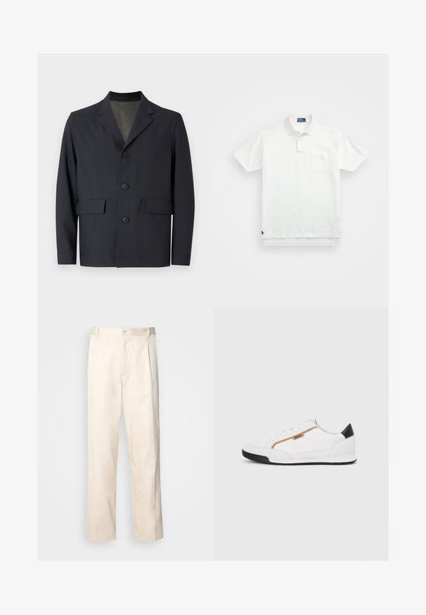 Tume tumesinine jakk, mis on valmistatud kergetest materjalidest, millel on läikelapiga kaelus, viie nööbiga esiosa ja kaks esikülje taskut, millel on sile tekstuur.; Valge polo särk, mis on valmistatud puuvillast, klassikalise kraega, kolme nööbiga kinnitusega ja vasakul rinnal taskuga; väike logo helmel.; Beesidised puuvillased püksid sirge jala lõikega, mis on varustatud nööpkinnituse ja ees olevate voltidega, et lisada detaili.; Valged sportlikud jalatsid, millel on võrkkangas ja nahkdetailid. Omab kuldset "BOSS" logo, tekstureeritud külgpaneele ja musta kontsakaant. Kummist tallad.