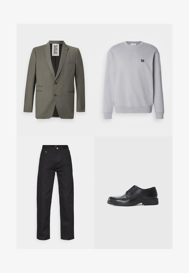 Harmaa bleiseri, jossa on muotoiltu malli, kaksi nappia, viiston kauluksen levennystä ja sivutaskut; sileä rakenne, jossa on hienovarainen kiilto.; Vaaleanharmaa huppari, joka on valmistettu puuvillasekoitteesta. Ominaisuuksiin kuuluvat pitkät hihat, pyöreä pääntie ja pieni logotähti rintamuksessa. Pehmeä tekstuuri.; Mustat farkut suoralla leikkauksella, joissa on vihreät painonapit ja tavallinen viiden taskun malli. Tasainen rakenne, klassinen tyyli.; Musta nahkakengät, joissa on pyöreä kärki, nauhakiinnitys ja matala lohkarekki. Sileä pinta ja minimalistinen profiili.