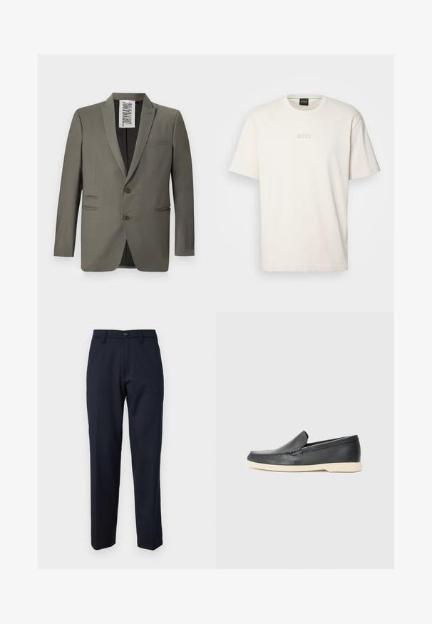 Gray blazer featuring a tailored fit, two buttons, notch lapels, and side pockets; smooth texture with a subtle sheen.; BOSS TEE - Basic T-shirt - open white; Navy blue trousers made of smooth fabric, featuring a front button, straight-leg design, and side pockets. No patterns or embellishments visible.; Black leather slip-on loafers with a textured finish and a contrasting beige rubber sole. Features a subtle accent along the front.