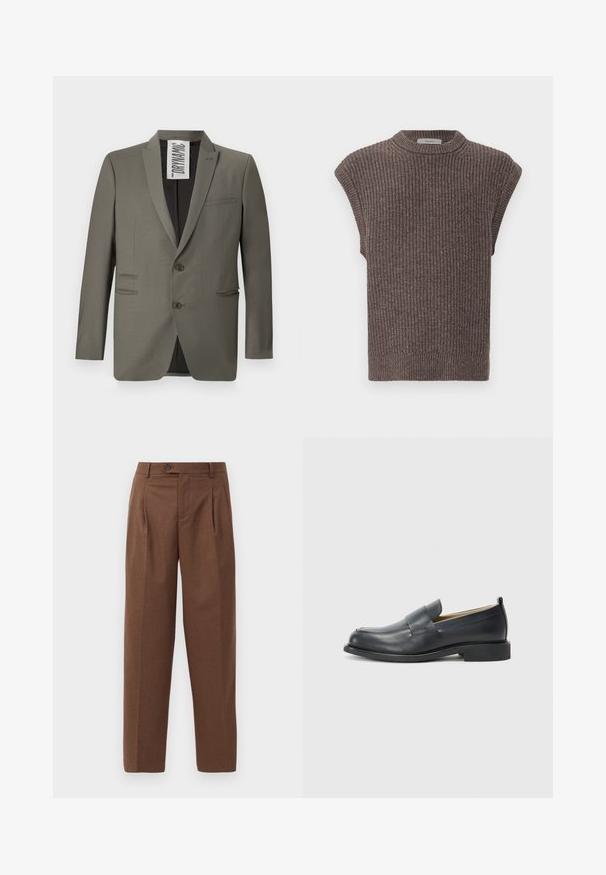 Grå blazer med skreddersydd passform, to knapper, notched lapels og sidelommer; glatt tekstur med en subtil glans.; Brun strikket ermeløs topp med ribbestruktur, høy hals og splitt på sidene. Har en tettsittende hem og myk stoff.; Brune skreddersydde bukser med rett passform, synlige folder, frontlommer og en enkelt knappelukking i livet. Jevn tekstur.; Sorte lærloafers med en glat overflade, en flad sål og en rund tå med en dekorativ rem over toppen.