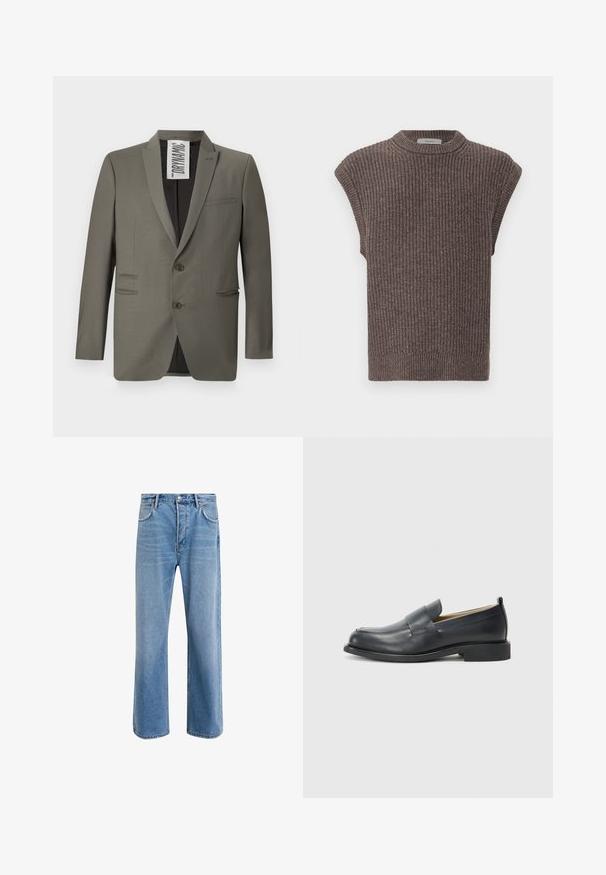 Harmaa bleiseri, jossa on muotoiltu malli, kaksi nappia, viiston kauluksen levennystä ja sivutaskut; sileä rakenne, jossa on hienovarainen kiilto.; Ruskea neulottu hihaton toppi, jossa on ribattu pinta, korkea kaula-aukko ja sivurei'ät. Huomauttaa istuvan helman ja pehmeän kankaan.; Vaaleansiniset farkut suoranlahkeisella muotoilulla, viisi taskua, nappisuljenta, vähäinen kuluminen ja kontrastiväriset ompeluyksityiskohdat.; Musta nahkakengät, joissa on sileä pinta, litteä pohja ja pyöristetty varvas, sekä koristeellinen nauha päälliosassa.