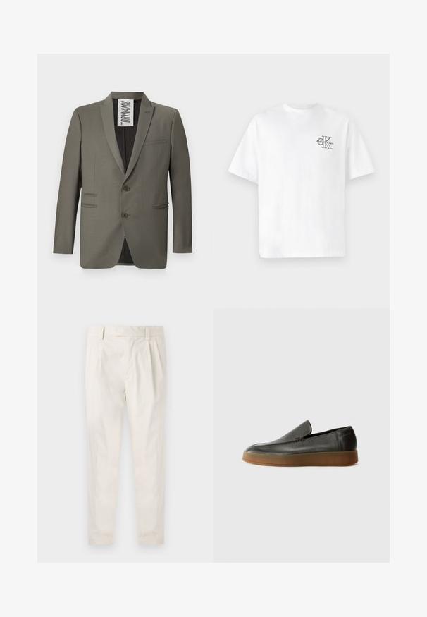 Szary żakiet o dopasowanym kroju, z dwoma guzikami, klapami w kształcie notcha i bocznymi kieszeniami; gładka tekstura z delikatnym połyskiem.; Biała bawełniana koszulka z krótkim rękawem, okrągłym dekoltem, z czarnym logo CK na lewej piersi, w standardowym kroju, o gładkiej teksturze.; Białe, plisowane spodnie o dopasowanym kroju, z gładką fakturą, szlufkami na pasek i zwężanymi nogawkami. Brak widocznych kieszeni lub wzorów.; Calvin Klein HYBRID CUP ciemnobrązowy