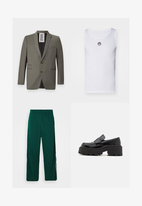 Pelēks žakets ar pielāgotu piegriezumu, divām pogām, notch atlokiem un sānu kabatām; gluda tekstūra ar smalku spīdumu.; Balts bez piedurknēm T-krekls, izgatavots no ribota auduma, ar apaļu kakla izgriezumu un mazu melnu logotipu uz krūšu daļas.; Zaļas, vieglas, elastīgas vidukļa bikses ar brīvu piegriezumu. Iespējoti sānu kabatas un baltas svītras detaļas pa malām.; Melnas ādas loafers ar masīvu gumijas zoli, kas iezīmē paceltu platformu un siksnu pāri instepam. Gluda tekstūra un noapaļota forma.