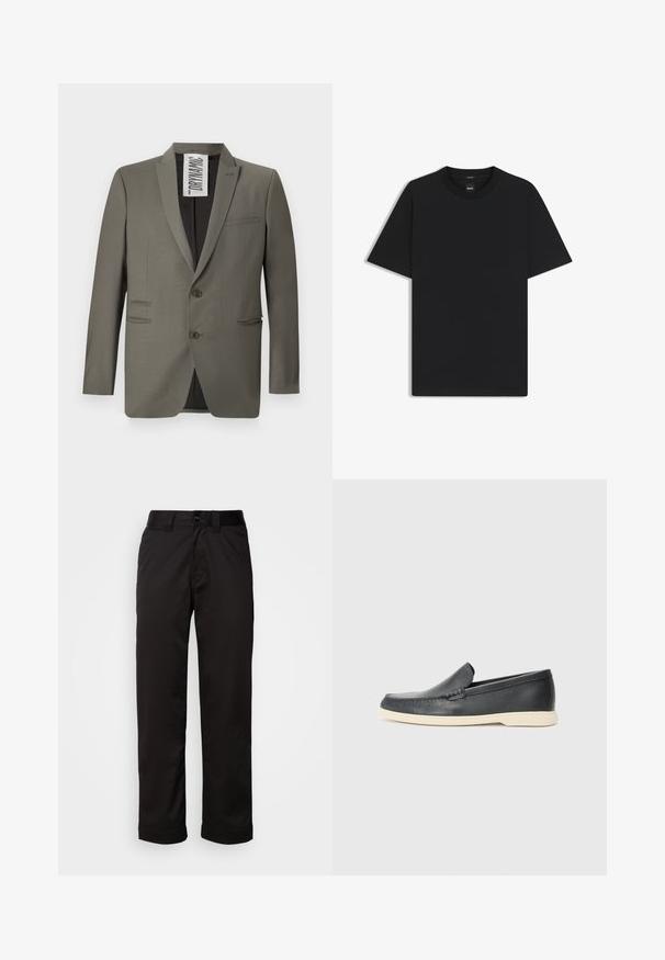 Gray blazer featuring a tailored fit, two buttons, notch lapels, and side pockets; smooth texture with a subtle sheen.; Black short-sleeve T-shirt made from a smooth cotton blend, featuring a crew neckline and a minimalistic design with no patterns or accents.; Black trousers made of smooth fabric, featuring a zip fly, button closure, and rolled cuffs for a casual design.; Black leather slip-on loafers with a textured finish and a contrasting beige rubber sole. Features a subtle accent along the front.
