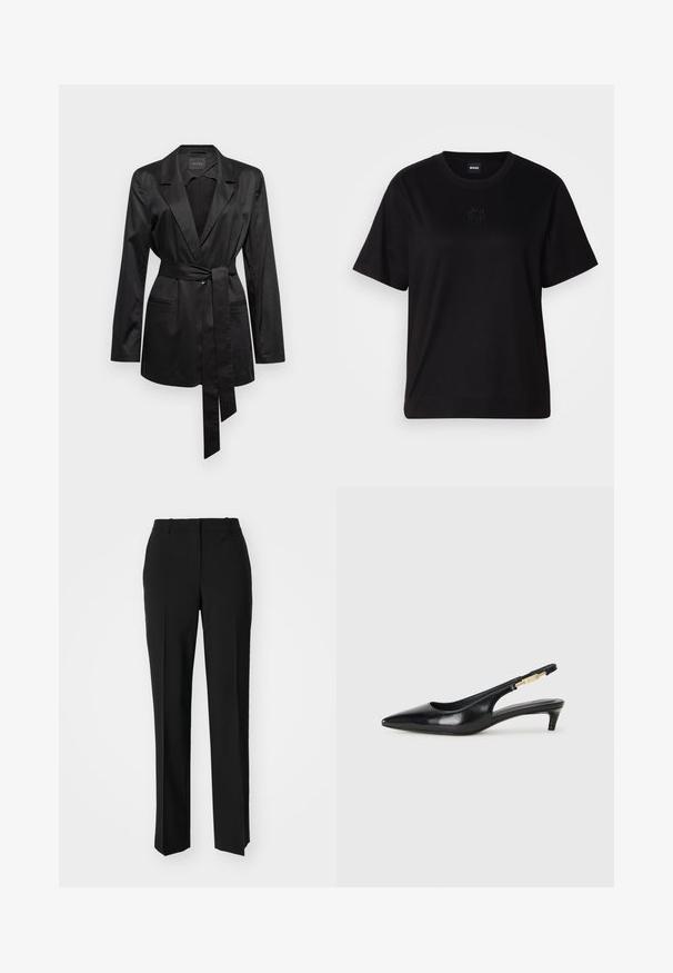 Guess JONI - Kratka jakna - jet black; Crna pamučna majica s okruglim izrezom, kratkim rukavima i izvezenim logotipom na prsima. Jednostavan, opušten kroj bez uzorka.; Crne krojene hlače ravnog kroja, s glatkom teksturom i oštrim pregibima naprijed. Bez vidljivih metalnih dijelova.; Crne kožne sandale s petom, s izduženim vrhom, imaju usku petu i zlatni akcent na podesivoj traci. Glatka tekstura.