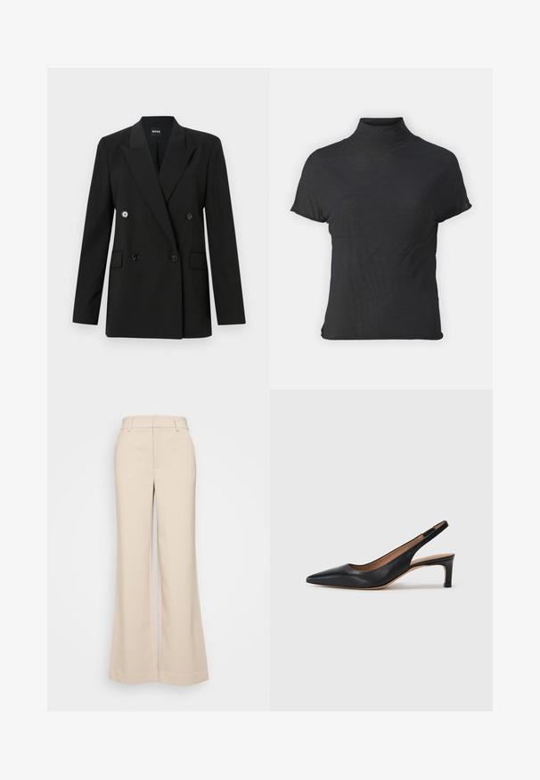 Juodas dvigubas švarkas, pagamintas iš pritaikytos medžiagos, su dviem priekiniais kišenėmis ir blizgiomis juodomis sagomis. Suformuoti pečiai ir pjūvio apykaklė.; Juodas trumpas rankovėmis pull-over tipo megztinis, pagamintas iš lengvos medžiagos su lygiu paviršiumi ir prigludusia forma, turintis aukštą apykaklę.; Bežiniai plačios kojos kelnes su lygiu paviršiumi, turinčios aukštą liemenį ir dvi priekinės kišenes. Švarus dizainas su pritaikytu siluetu.; Juodas odinis šliuurkastukas su smailiu pirštu, žemu kulnu ir glotnia tekstūra. Turi ploną reguliuojamą dirželį patogiam prigludimui.