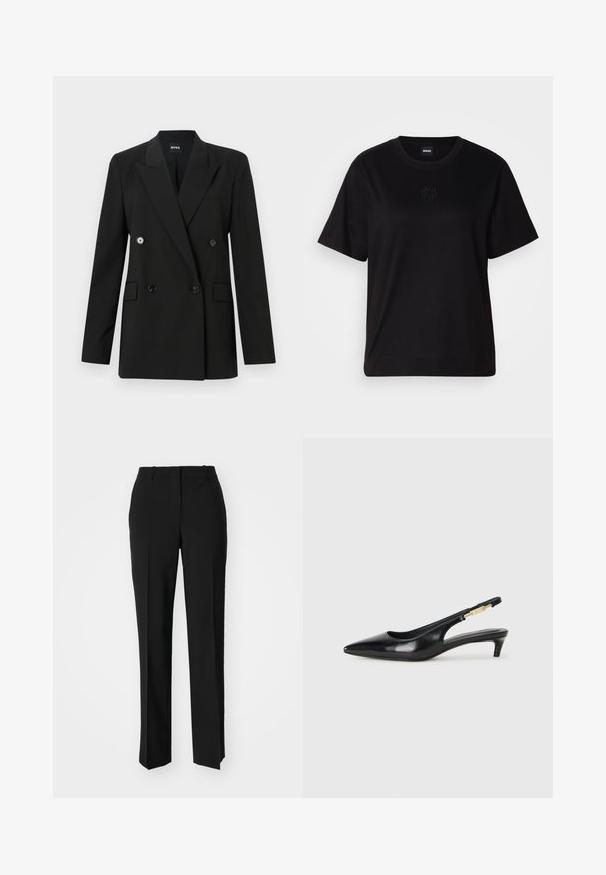 Melnas dubultās jostas uzvalks, izgatavots no piegrieztas auduma, ar divām priekšējām kabatām un spīdīgām melnām pogām. Strukturēti pleci un izgriezts apkakle.; Melna kokvilnas T-krekls ar apaļu izgriezumu, īsām piedurknēm un izšūtu logotipu uz krūtīm. Vienkāršs, brīvs piegriezums bez rakstiem.; Melnas pielāgotas bikses ar taisnu kāju dizainu, kas raksturojas ar gludu faktūru un asiem krokām pa priekšu. Nav redzamu metāla detaļu.; Melnas ādas slingback zābaki ar smailu purngalu, ar šauru papēdi un zelta krāsas akcentu uz regulējama siksniņas. Gluda tekstūra.