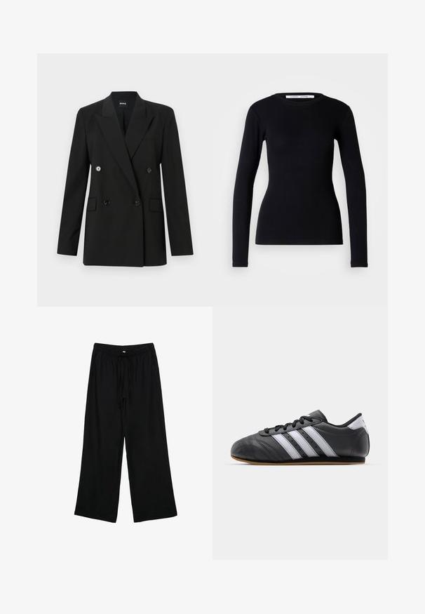 Svart dubbelknäppt blazer i skräddarsytt tyg, med två framfickor och blanka svarta knappar. Strukturerade axlar och snedskuren krage.; Svart långärmad topp i ribbad tyg. Har rund halsringning och figurnära passform. Inga mönster eller utsmyckningar. Enkla design.; Svarta, lätta byxor med vida ben, elastisk midja och snodd. Slät textur, inga synliga mönster eller detaljer.; Svart lädersportssko med vita ränder, rund tå, platt sula och snörning. Har perforeringar för andningsförmåga.