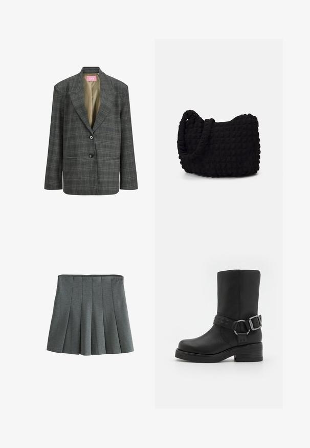 Temno siva karirana blazer jakna z odprtimi reži, dvema gumboma, sprednjima žepoma in bež podlogo.; Next HEAVYWEIGHT SHORT SLEEVE CREW NECK STANDARD - Potiskana majica - chocolate brown; Siva plisirana krila iz lahkega blaga, ki ima oprijet pas in strukturirane plisirane dele, kar ustvarja razširjeno silhueto.; Črne usnjene gležnarske čevlje z zaobljenim nosom, debelim peto in okrasnim zaponko okoli gležnja. Imajo teksturirano površino.; Črn platneno torba z strukturiranim, quilted vzorcem. Okrogla oblika, kratki, debeli ročaji in mehak, fleksibilen konstrukt.