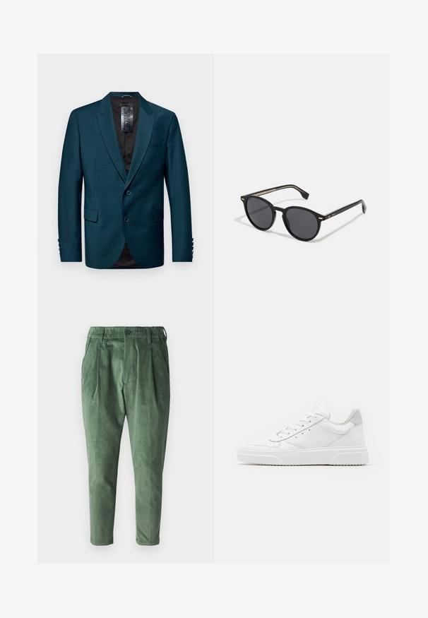 Blazer teal realizzato in tessuto strutturato, con revers a punta, chiusura a due bottoni e due tasche frontali. Fodera nera e dettagli con bottoni sulle maniche.; T-shirt bianco in cotone con maniche corte, scollo rotondo e vestibilità rilassata. Texture liscia senza pattern o dettagli visibili.; Pantaloni in corduroy verdi con vestibilità regolare, dotati di pieghe, vita elasticizzata e chiusura con un solo bottone. Tessuto liscio e strutturato.; Sneaker bianche in pelle con finitura liscia, punta arrotondata, lacci piatti e suola texturizzata. Accento in suede grigio sul tallone.; BOSS Occhiali da sole - black