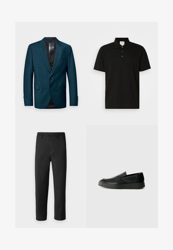 Teal blazer laget av teksturert stoff, med notched lapel, to-knappelukking og to frontlommer. Svart foring og knappdetaljer på ermene.; Svart kortermet polo skjorte i glatt materiale, med klassisk krage, tre-knappsklaff og subtil vertikal mønstring.; Sorte bukser med rett snitt, laget av glatt stoff. Har knappelukking og beltehemper. Ingen synlige mønstre eller accenter.; Calvin Klein HYBRID CUP - Slippers - triple black
