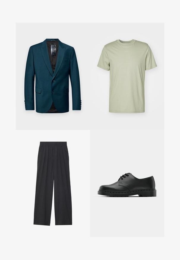 Türkiissinine jakker, mis on valmistatud tekstureeritud kangast, millel on litšutluse krae, kahe nööbiga kinnis ja kaks esipaunat. Must vooder ja nööbikasutused varrukatel.; Hõbedane rohelise värvi puuvillane T-särk, ümmarguse kaelusega, lühikeste varrukatega ja keskel rinnal diskreetne brändi logo.; Laiene püksid, mis on valmistatud tumedast hallist kangast. Omavad vööümbrikus voldikuid, on kohandatud disainiga ja sirge siluett.; Mustad musta nahast oksfordi king, millel on paeltega disain, ümar nina, lame kummist tallal ja diskreetne õmblemise detail ülemise osa ääres.
