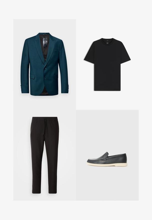 Teal blazer made of textured fabric, featuring a notched lapel, two-button closure, and two front pockets. Black lining and button accents on sleeves.; Black short-sleeve T-shirt made from a smooth cotton blend, featuring a crew neckline and a minimalistic design with no patterns or accents.; Black jogger pants made of smooth fabric. Feature an elastic waistband with a drawstring, tapered legs, and no visible pockets. Simple design.; Black leather slip-on loafers with a textured finish and a contrasting beige rubber sole. Features a subtle accent along the front.