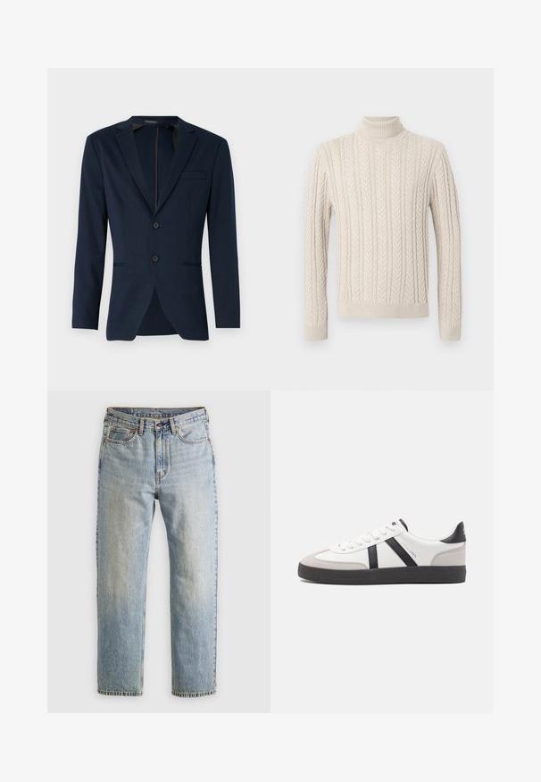 Námornícky modrý blazer s klopovým golierom, dvoma prednými gombíkmi a jednou prsníkovou vreckom, vyrobený z hladkého materiálu. Prispôsobený strih.; Béžový pletený sveter s vysokým, ribbovaným rolákom. Má textúrovaný káblový vzor a ribbované manžety a dolný lem, čo mu dodáva útulný vzhľad.; Svetlomodré džínsy s vysokým pásom, predným gombíkom, zipsom a dizajnom s piatimi vreckami, rozložené na neutrálnom pozadí.; Biele tenisky s čiernymi a šedými akcentmi, s textúrovanou šedou špičkou, čiernou gumovou podrážkou a plochými bielymi šnúrkami. Čistý dizajn, minimalistický štýl.