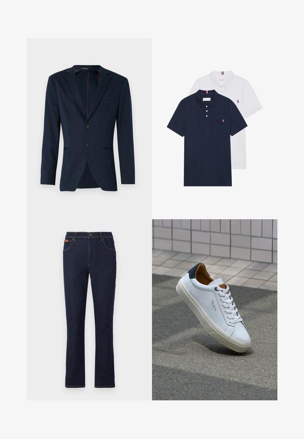 Navyblauwe blazer met een gelapte revers, twee voorknopjes en een enkele borstzak, gemaakt van een gladde stof. Aangesloten pasvorm.; Twee polo shirts: één marineblauw en één wit, beide met een kleine rood, wit en blauwe accent op de borstzak en kraag.; Donkerblauwe denim jeans met een rechte pijp, voorzien van oranje stiksels, vijf zakken en een knoopsluiting in de taille.; Witte leren sneaker met een marineblauwe hiel, ronde neus en contrasterende bruin accent. Beschikt over platte veters en een gestructureerde rubberen zool.