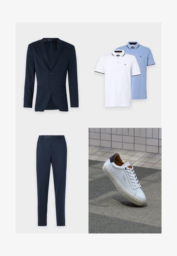 Námořnický modrý blejzr s klopami, dvěma předními knoflíky a jednou náprsní kapsou, vyrobený z hladkého materiálu. Přiléhavý střih.; Dvě polo trička: jedno bílé s černými akcenty, druhé světle modré melírované. Každé má límeček a dvouknoflíkovou nápletu s logem.; Námořnické modré kalhoty s přímým střihem, se zapínáním na knoflík a poutky na opasek. Vyrobené z hladké, lehké tkaniny.; Bílé kožené tenisky s námořnickým podpatkem, kulatou špičkou a kontrastními hnědými detaily. Obsahují ploché tkaničky a texturovanou gumovou podrážku.