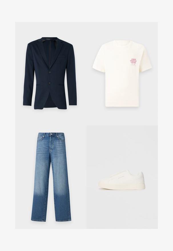 Navy blue blazer with a notched lapel, two front buttons, and a single chest pocket, made from a smooth fabric. Tailored fit.; White short-sleeve T-shirt with red text "Studio Originals Edition" on left chest, displayed on a neutral gray background.; Blue high-waisted straight-leg jeans with fading on the thighs and darker shading near the hems, front button and pockets visible.; White slip-on sneakers with a textured surface, a thick sole, and minimalistic design. Features brand logo on the side.
