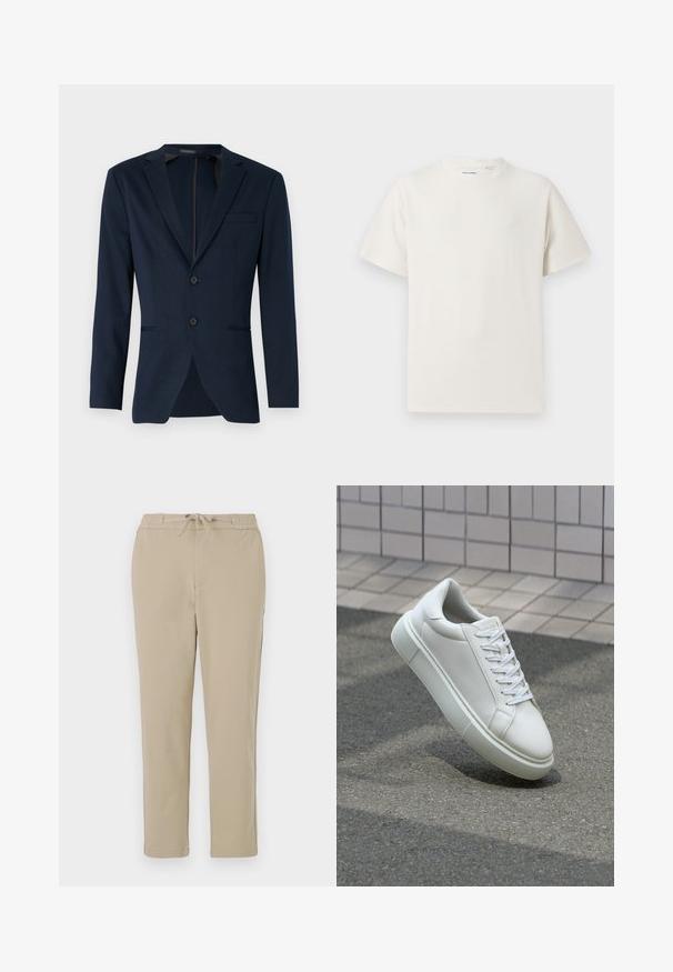 Blazer azul marinho com lapela clássica, dois botões frontais e um bolso no peito, feito de um tecido liso. Ajuste sob medida.; T-shirt branco de manga curta em textura canelada. Gola redonda, ajuste descontraído, sem padrões ou detalhes visíveis. Design simples e versátil.; Calças de lounge bege com cintura elástica e cordão, apresentando um design de perna reta e uma textura suave e macia.; Tênis de couro branco com superfície lisa, bico redondo e cadarços brancos planos. Apresenta uma sola de borracha texturizada e elementos de design minimalistas.