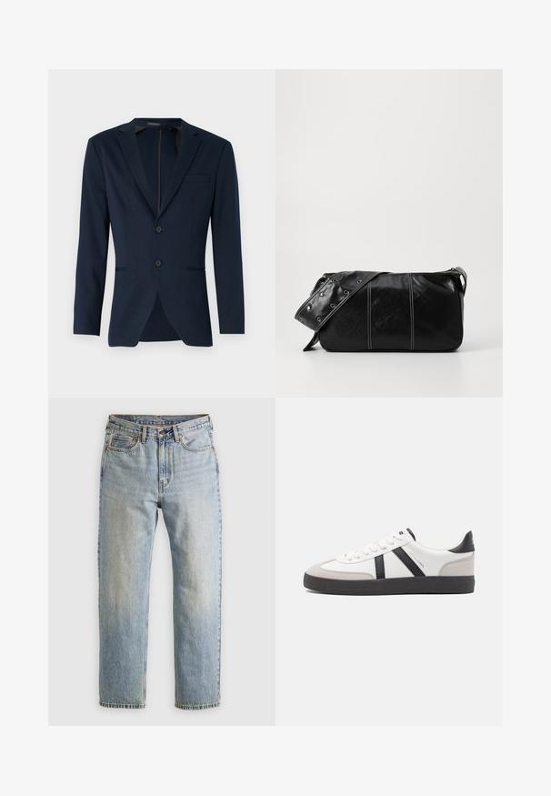Navy blue blazer with a notched lapel, two front buttons, and a single chest pocket, made from a smooth fabric. Tailored fit.; Black short-sleeve polo shirt featuring a textured, abstract pattern. The collar is flat and slightly open, enhancing the relaxed design.; Light blue denim jeans with high waist, front button, zipper, and five-pocket design, laid flat on a neutral background.; White sneaker with black and gray accents, featuring a textured gray toe cap, black rubber sole, and flat white laces. Clean design, minimalist style.; Black leather shoulder bag with a zip closure, featuring a textured body, white stitching, and a strap with silver grommets.