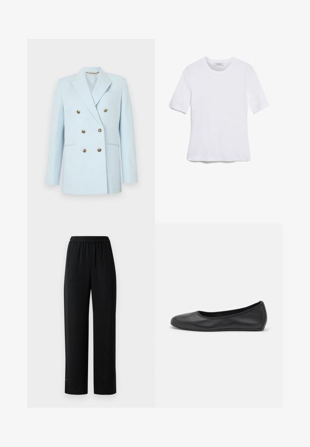 Šviesiai mėlynas dvigubos krūtinės švarkas iš lygaus audinio, su auksinės spalvos mygtukais, notch tipo apykakle ir viena krūtinės kišenė.; Balta trumpa rankovėmis marškinėliai, pagaminti iš pasiruošusio audinio. Apvali iškirptė, reguliari tinkamumas ir subtilūs siuvimo detalės. Be raštų ar grafikos.; Juodos plačios kojinės kelnės, pagamintos iš lygaus audinio su elastinga juosmeniu. Turi tiesų kirpimą ir minimalų detalizavimą. Tinka kasdieniam dėvėjimui.; Juodai odiniai baletai su apvaliu pirštu, lygi texture, minimalus siuvimo detales ir lanksčiu padų dizainu.