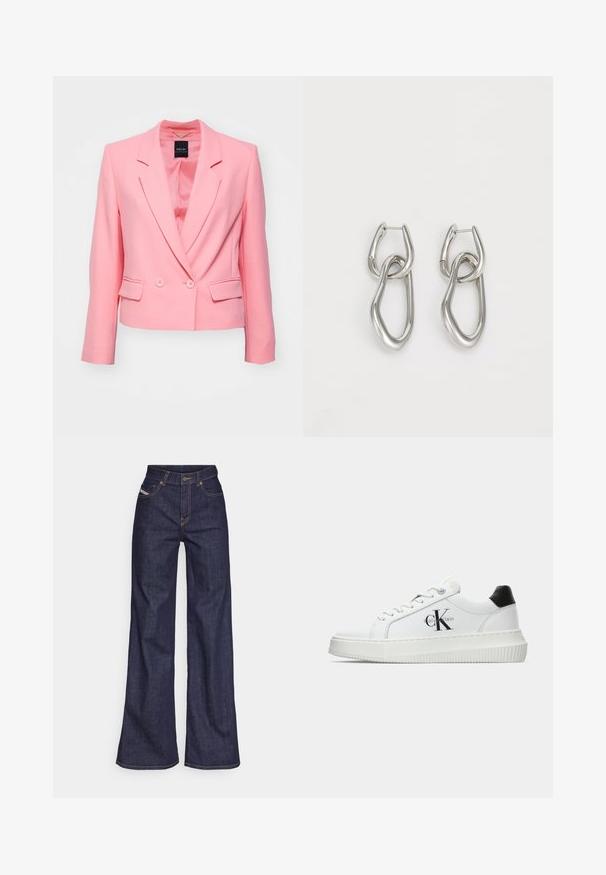 Różowa marynarka o dopasowanym kroju, jednozapięciowa z przodu, z zapięciem na dwa guziki i dwoma kieszeniami po bokach. Wykonana z gładkiego materiału z klapami w kształcie notch.; Biała bawełniana koszulka polo z krótkim rękawem i klasycznym kołnierzykiem; posiada mały detal logo w dolnej lewej części. Gładka tekstura.; Ciemnoniebieskie dżinsy szerokie w nogawkach wykonane z denimu, z wysokim stanem, z pomarańczowymi przeszyciami, pięcioma kieszeniami i zapięciem na guzik.; Białe sneakersy typu low-top z czarnym paskiem na pięcie, platformą, sznurowadłami i logo "CK" marki Calvin Klein na boku.; Calvin Klein - Kolczyki