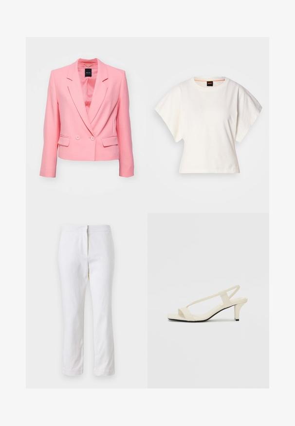 Rosa Blazer mit tailliertem Design, einreihiger Front, Zwei-Knopf-Verschluss und zwei Seitentaschen. Hergestellt aus glattem Stoff mit Reverskragen.; Weißes, kurzes T-Shirt, kurze weite Ärmel, weicher Baumwollstoff, runder Ausschnitt mit subtilen orangefarbenen Akzenten, minimales Design, keine Muster oder Grafiken.; Weiße Baumwollhose mit geradem Bein, mittelhoher Taille und ohne sichtbare Beschläge oder Muster. Glatte Textur auf der gesamten Fläche.; Beige Blockabsatzsandalen mit dünnen Riemen und quadrater Spitze. Glattes Material mit minimalem Design, entworfen für einfaches Tragen.
