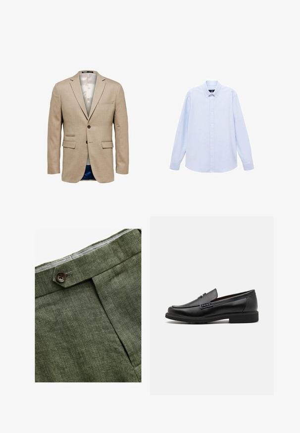 Beige blazer van een gestructureerde stof, met twee voorkruiszakken, een borstzak en een enkele knoopsluiting. Voering van lichte stof.; Lichtblauwe overhemd met lange mouwen, knoopsluiting en een klassieke kraag, met een rechte zoom en een subtiele textuur. Voorzien van een centrale knoopsluiting.; Olijf groene linnen broek met een voorplooi, voorzien van een knoopsluiting en een contrasterende geruite voering bij de tailleband.; Zwarte synthetische loafers met een opvallende gestikte voorkant, gevoerde binnenzool en platte rubberen buitenzool; slank ontwerp met minimale details.